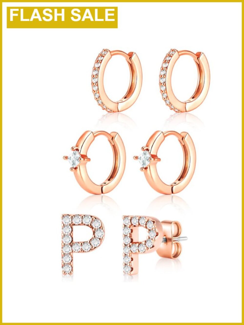 14K Gold Plated Hoop Earrings Set for Women - Initial Studs, CZ Huggies